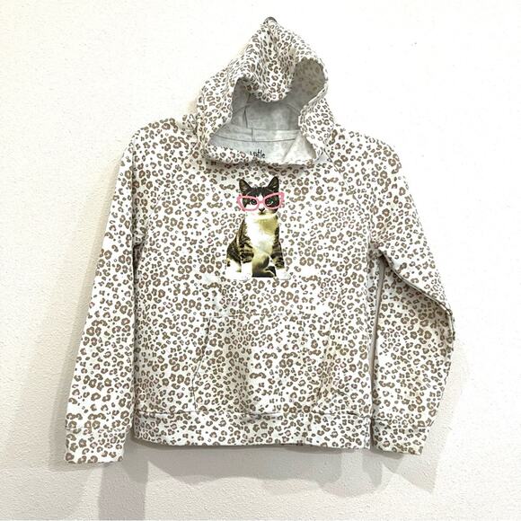 Little Pretties Pink & Tan Animal Print Cat w/ Glasses Graphic Hoodie - Large - Picture 1 of 10